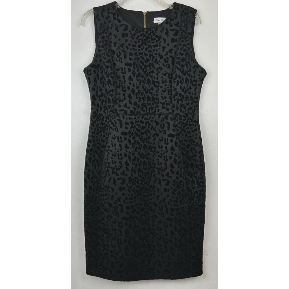 Calvin Klein Dress Womens 12 Velvet Burnout Black Animal Print Sheath Career